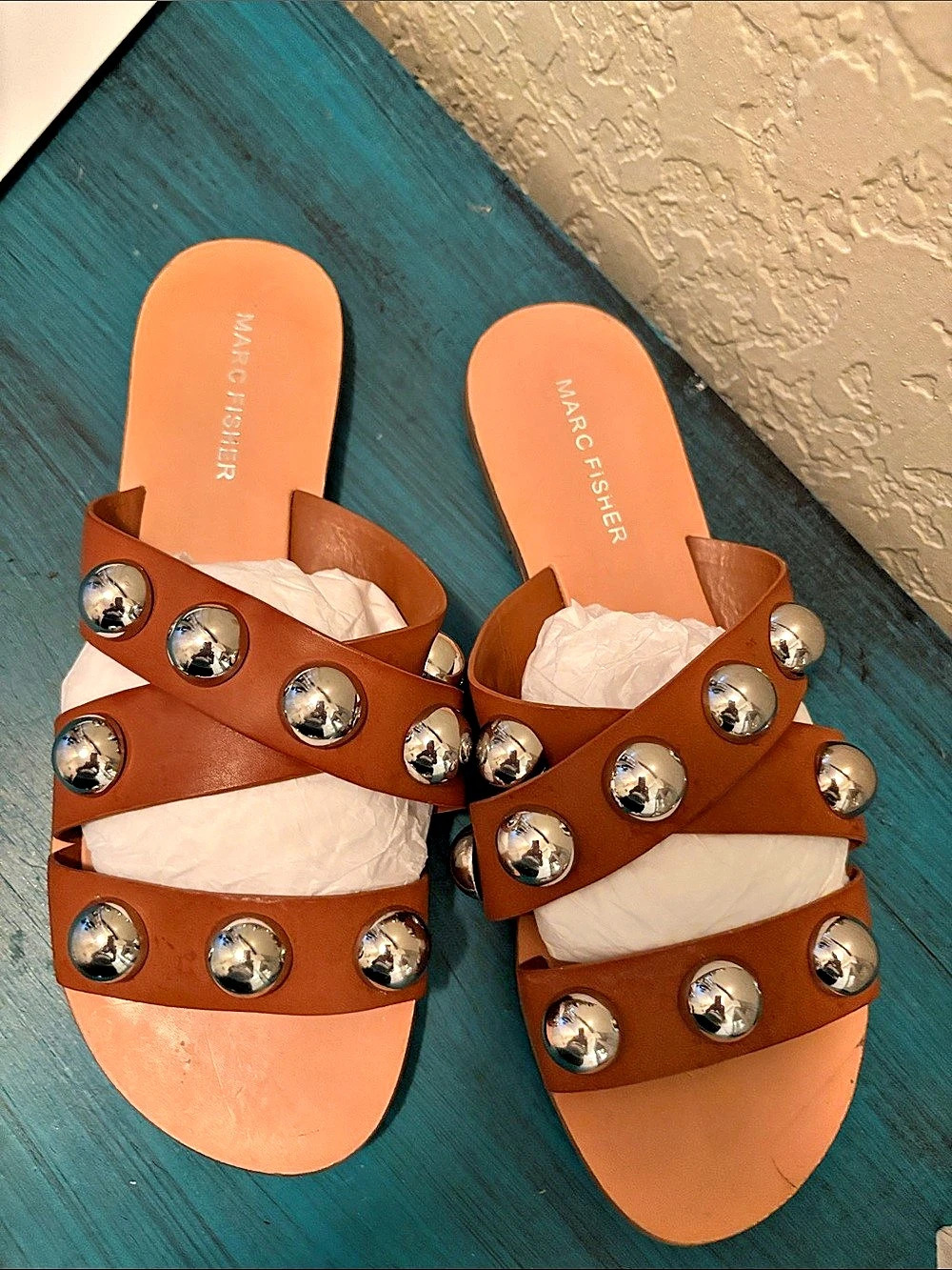 Marc Fisher Agusta Studded Slide Sandals Brown & Orange